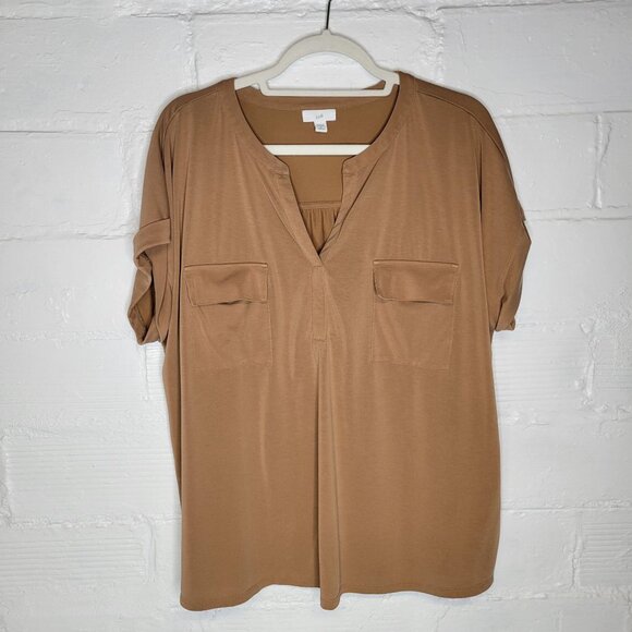 J. Jill Tops - J. Jill Women's XL Shirt Top V Neck Pockets Short Sleeve Brown